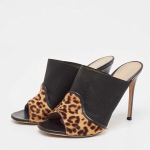 Gianvito Rossi 110mm Alise Leopard Print Black Stiletto Mules Open Peep Toe 40